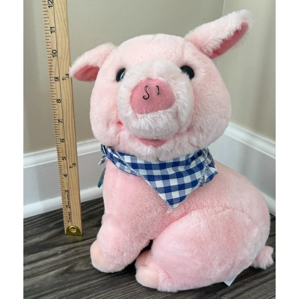 Vintage‎ 1986 Dakin Plush Pink Pig Sitting Stuffed Animal Blue Checkered Bandana